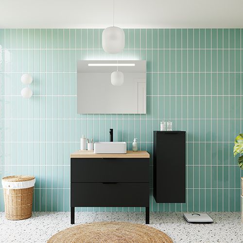 Meuble de salle de bain suspendu vasque à poser 90cm 2 tiroirs Noir + miroir + colonne ouverture droite - Loft