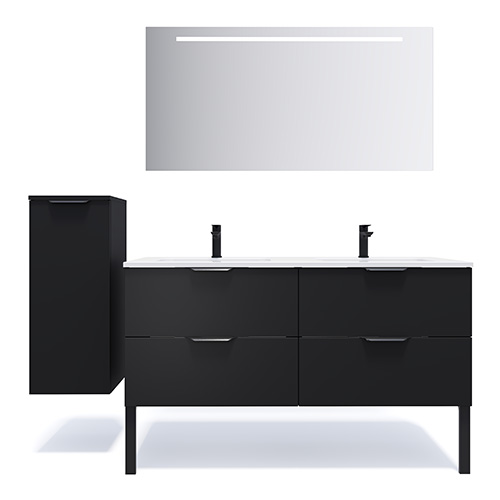 Meuble de salle de bain suspendu double vasque intégrée 140cm 4 tiroirs Noir + miroir + colonne ouverture gauche - Loft