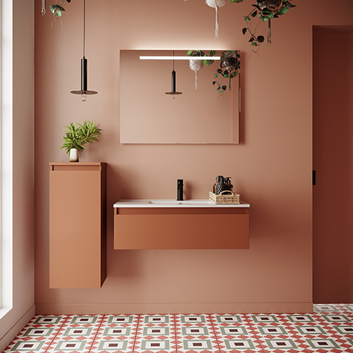 Meuble de salle de bain suspendu vasque intégrée 90cm 1 tiroir Terracotta - Rivage