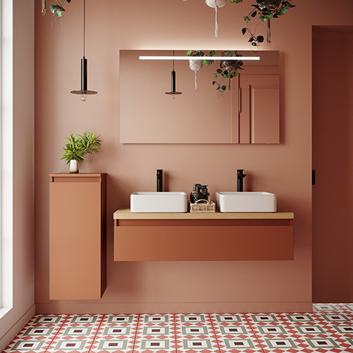 Meuble de salle de bain suspendu 2 vasques à poser 120cm 1 tiroir Terracotta - Rivage