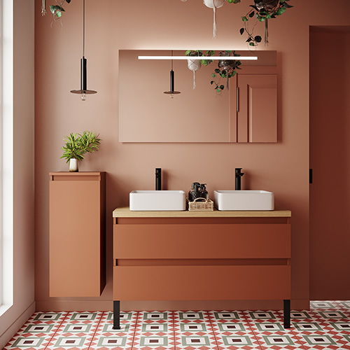 Meuble de salle de bain suspendu 2 vasques à poser 120cm 2 tiroirs Terracotta + miroir + colonne ouverture gauche - Rivage