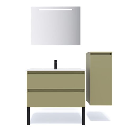 Meuble de salle de bain suspendu vasque intégrée 90cm 2 tiroirs Vert olive + miroir + colonne ouverture droite - Rivage
