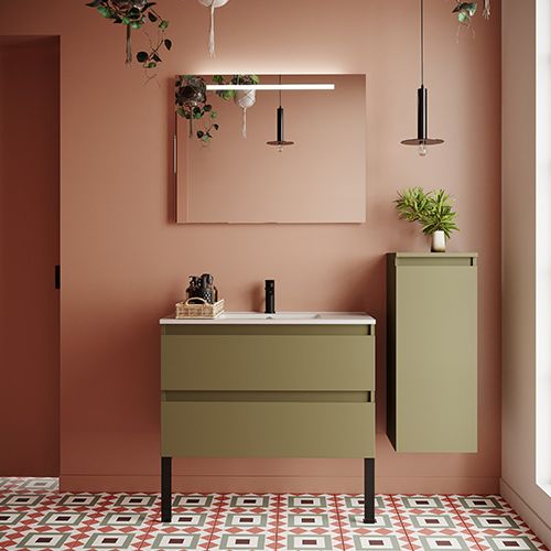 Meuble de salle de bain suspendu vasque intégrée 90cm 2 tiroirs Vert olive + miroir + colonne ouverture droite - Rivage