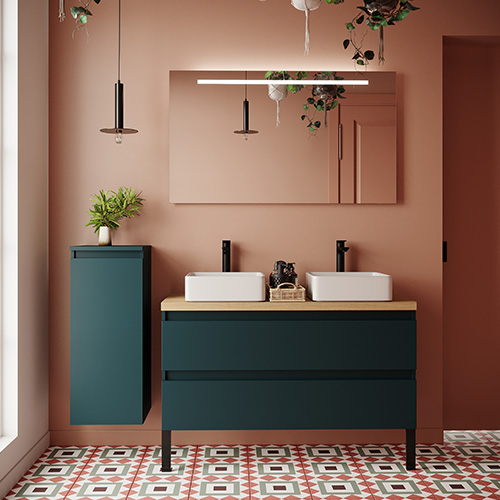 Meuble de salle de bain suspendu 2 vasques à poser 120cm 2 tiroirs Bleu - Rivage