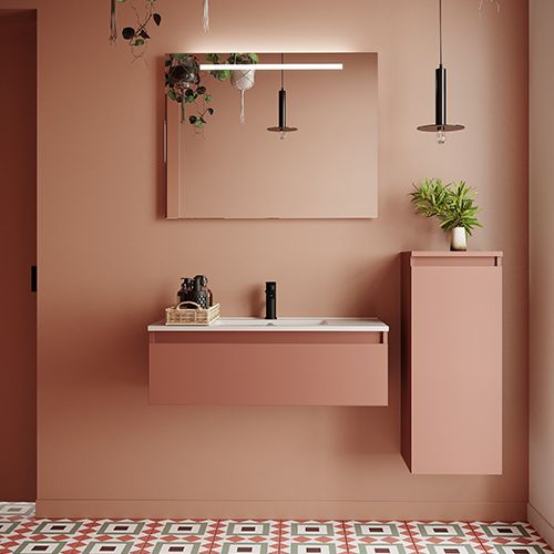 Meuble de salle de bain suspendu vasque intégrée 90cm 1 tiroir Abricot + miroir + colonne ouverture droite - Rivage