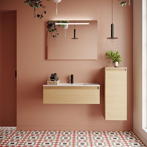 Meuble de salle de bain suspendu vasque intégrée 90cm 1 tiroir Chêne clair + miroir + colonne ouverture droite - Rivage