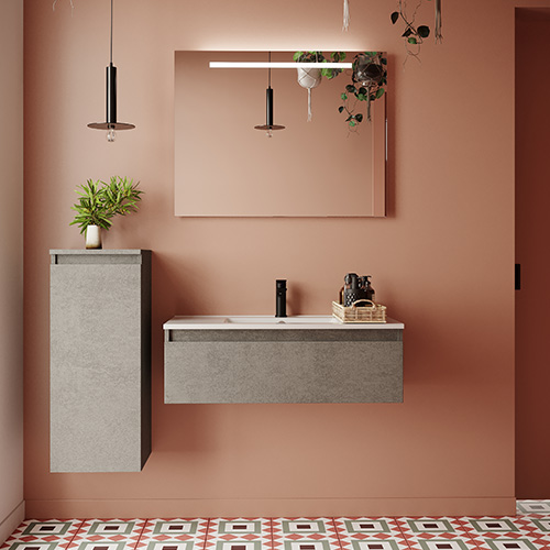 Meuble de salle de bain suspendu vasque intégrée 90cm 1 tiroir façon Béton - Rivage