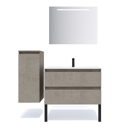 Meuble de salle de bain suspendu vasque intégrée 90cm 2 tiroirs façon Béton + miroir - Rivage