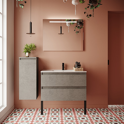 Meuble de salle de bain suspendu vasque intégrée 90cm 2 tiroirs façon Béton + miroir - Rivage