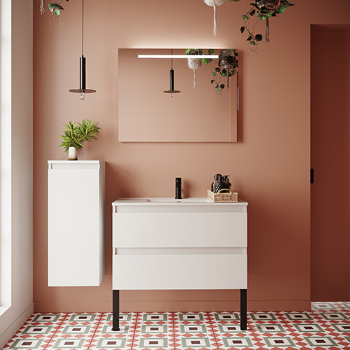 Meuble de salle de bain suspendu vasque intégrée 90cm 2 tiroirs Blanc + miroir - Rivage