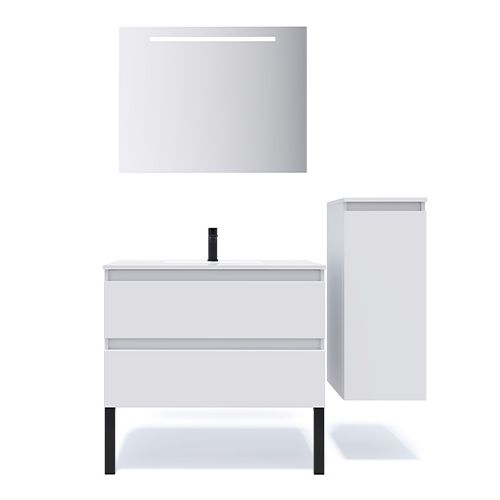 Meuble de salle de bain suspendu vasque intégrée 90cm 2 tiroirs Blanc + miroir + colonne ouverture droite - Rivage