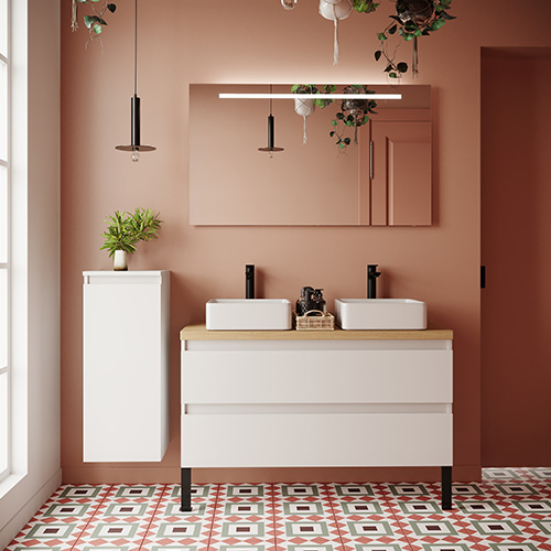 Meuble de salle de bain suspendu 2 vasques à poser 120cm 2 tiroirs Blanc - Rivage