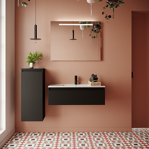 Meuble de salle de bain suspendu vasque intégrée 90cm 1 tiroir Noir + miroir - Rivage