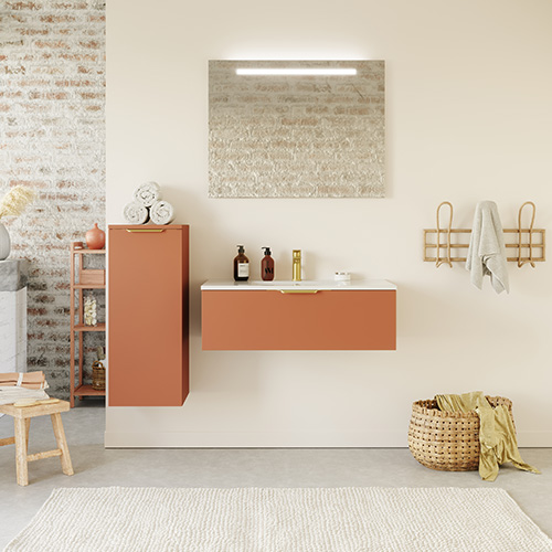 Meuble de salle de bain suspendu vasque intégrée 90cm 1 tiroir Terracotta + miroir - Venice