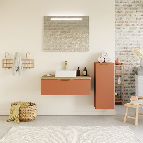 Meuble de salle de bain suspendu vasque à poser 90cm 1 tiroir Terracotta + miroir + colonne ouverture droite - Venice