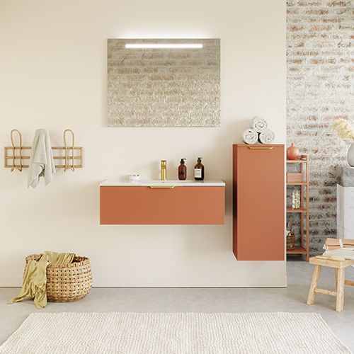 Meuble de salle de bain suspendu vasque intégrée 90cm 1 tiroir Terracotta + miroir + colonne ouverture droite - Swing