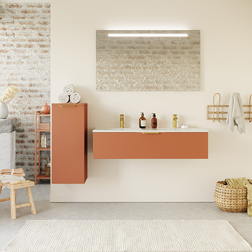 Meuble de salle de bain suspendu double vasque intégrée 120cm 1 tiroir Terracotta + miroir - Swing