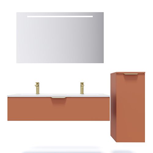 Meuble de salle de bain suspendu double vasque intégrée 120cm 1 tiroir Terracotta + miroir + colonne ouverture droite - Swing