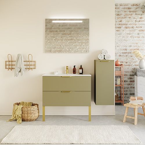 Meuble de salle de bain suspendu vasque intégrée 90cm 2 tiroirs Vert olive + miroir + colonne ouverture droite - Swing