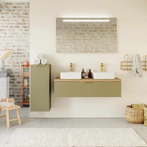 Meuble de salle de bain suspendu 2 vasques à poser 120cm 1 tiroir Vert olive - Swing