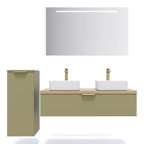 Meuble de salle de bain suspendu 2 vasques à poser 120cm 1 tiroir Vert olive + miroir + colonne ouverture gauche - Swing