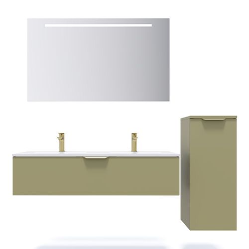 Meuble de salle de bain suspendu double vasque intégrée 120cm 1 tiroir Vert olive + miroir + colonne ouverture droite - Swing