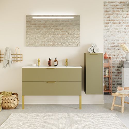 Meuble de salle de bain suspendu double vasque intégrée 120cm 2 tiroirs Vert olive + miroir + colonne ouverture droite - Swing