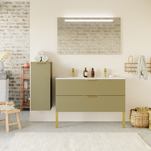 Meuble de salle de bain suspendu double vasque intégrée 120cm 2 tiroirs Vert olive + miroir + colonne ouverture gauche - Swing