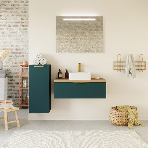 Meuble de salle de bain suspendu vasque à poser 90cm 1 tiroir Bleu + miroir + colonne ouverture gauche - Swing