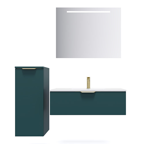 Meuble de salle de bain suspendu vasque intégrée 90cm 1 tiroir Bleu + miroir + colonne ouverture gauche - Swing