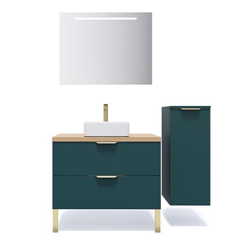 Meuble de salle de bain suspendu vasque à poser 90cm 2 tiroirs Bleu + miroir + colonne ouverture droite - Swing