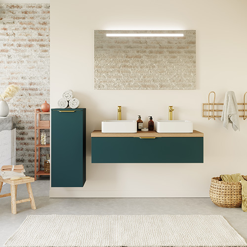 Meuble de salle de bain suspendu 2 vasques à poser 120cm 1 tiroir Bleu + miroir + colonne ouverture gauche - Swing