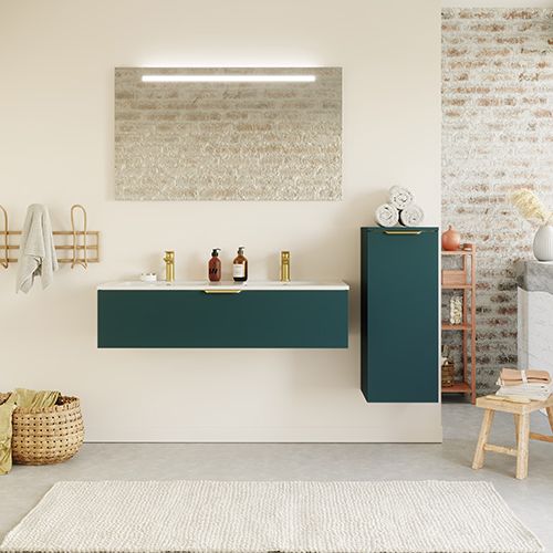 Meuble de salle de bain suspendu double vasque intégrée 120cm 1 tiroir Bleu + miroir + colonne ouverture droite - Swing