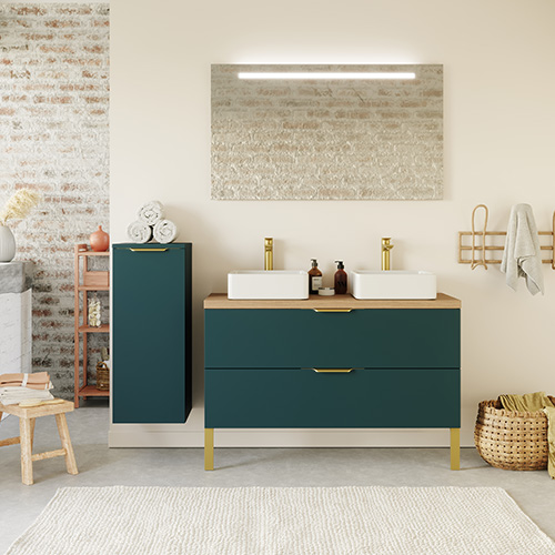 Meuble de salle de bain suspendu 2 vasques à poser 120cm 2 tiroirs Bleu + miroir - Swing