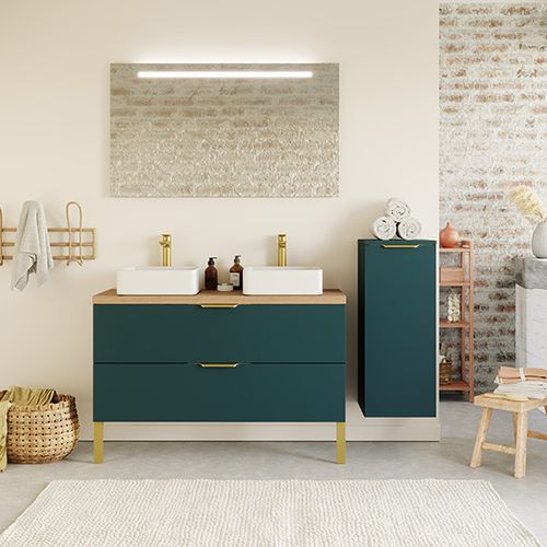 Meuble de salle de bain suspendu 2 vasques à poser 120cm 2 tiroirs Bleu + miroir + colonne ouverture droite - Swing