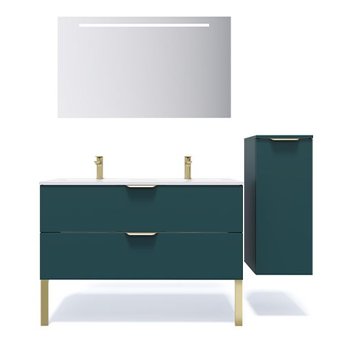 Meuble de salle de bain suspendu double vasque intégrée 120cm 2 tiroirs Bleu + miroir + colonne ouverture droite - Swing