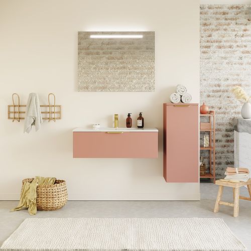 Meuble de salle de bain suspendu vasque intégrée 90cm 1 tiroir Abricot + miroir + colonne ouverture droite - Swing