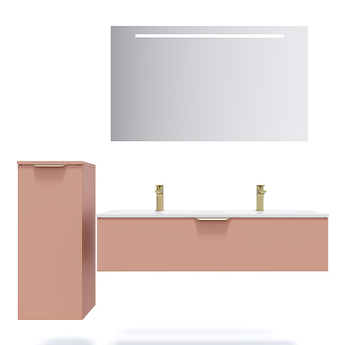 Meuble de salle de bain suspendu double vasque intégrée 120cm 1 tiroir Abricot + miroir + colonne ouverture gauche - Swing