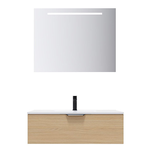 Meuble de salle de bain suspendu vasque intégrée 90cm 1 tiroir Chêne clair + miroir - Swing