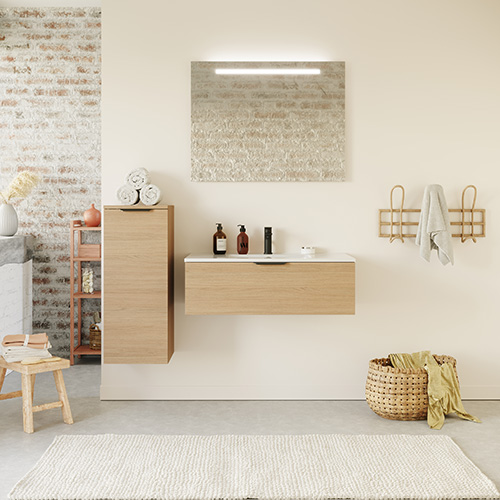 Meuble de salle de bain suspendu vasque intégrée 90cm 1 tiroir Chêne clair + miroir - Swing