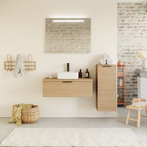 Meuble de salle de bain suspendu vasque à poser 90cm 1 tiroir Chêne clair + miroir + colonne ouverture droite - Swing
