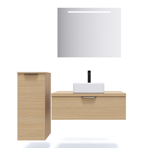 Meuble de salle de bain suspendu vasque à poser 90cm 1 tiroir Chêne clair + miroir + colonne ouverture gauche - Swing
