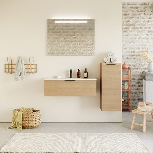 Meuble de salle de bain suspendu vasque intégrée 90cm 1 tiroir Chêne clair + miroir + colonne ouverture droite - Swing