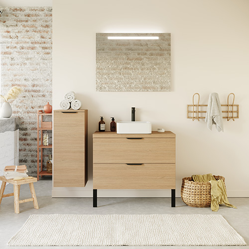 Meuble de salle de bain suspendu vasque à poser 90cm 2 tiroirs Chêne clair + miroir - Swing