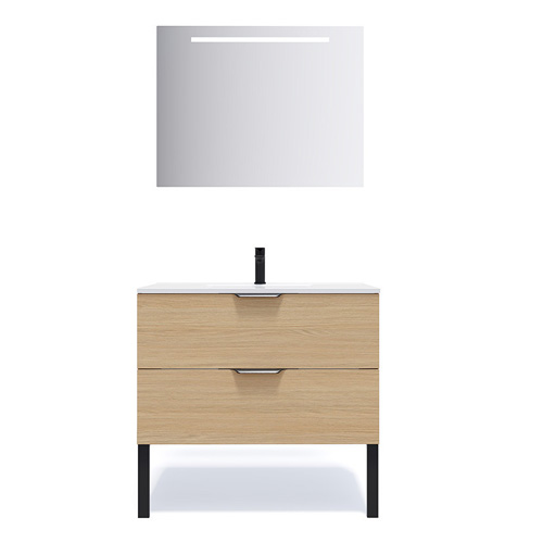 Meuble de salle de bain suspendu vasque intégrée 90cm 2 tiroirs Chêne clair + miroir - Swing