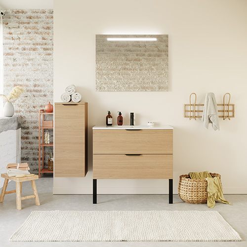 Meuble de salle de bain suspendu vasque intégrée 90cm 2 tiroirs Chêne clair + miroir - Swing