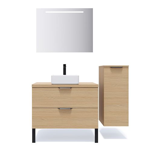 Meuble de salle de bain suspendu vasque à poser 90cm 2 tiroirs Chêne clair + miroir + colonne ouverture droite - Swing