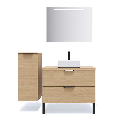 Meuble de salle de bain suspendu vasque à poser 90cm 2 tiroirs Chêne clair + miroir + colonne ouverture gauche - Swing