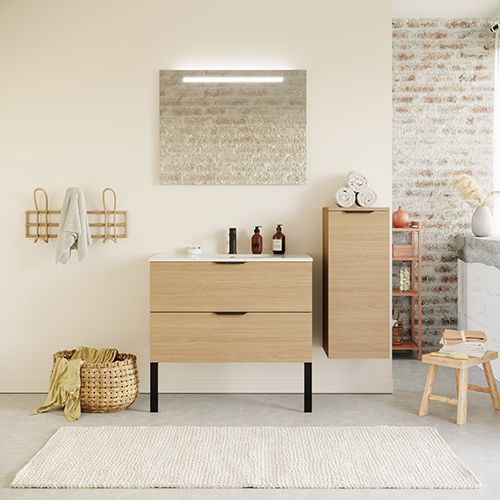 Meuble de salle de bain suspendu vasque intégrée 90cm 2 tiroirs Chêne clair + miroir + colonne ouverture droite - Swing