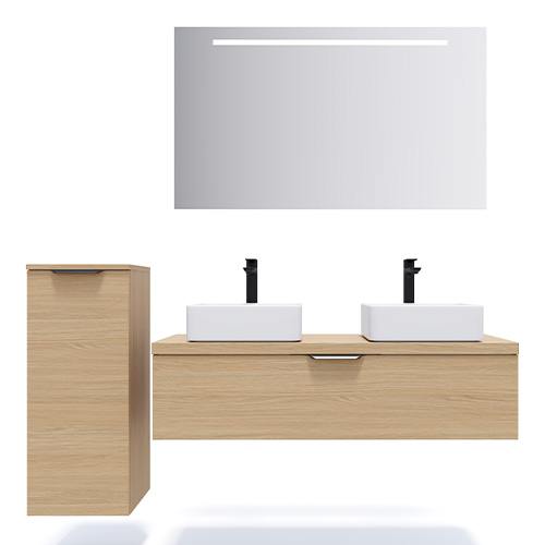 Meuble de salle de bain suspendu 2 vasques à poser 120cm 1 tiroir Chêne clair + miroir + colonne ouverture gauche - Swing